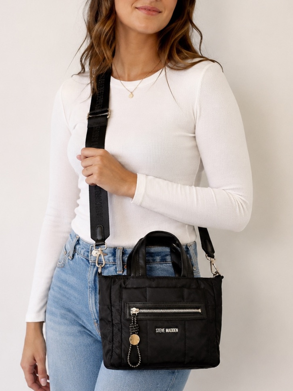 Steve Madden Black Puffer Nylon Crossbody Satchel Logo Strap Bag